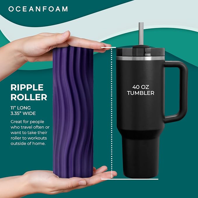 Oceanfoam Ripple Travel Foam Roller (11" x 3.35") Firm Mini Foam Roller for Physical Therapy, Deep Tissue Massage, Back Pain - High Density, Ergonomic Wave Textured - Yoga, Pilates, Exercise (Purple)