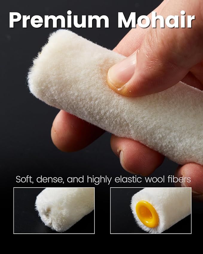Voomey Mohair Mini Paint Roller 4 Inch Wool Blend Covers 10 Pack | Reusable Small Paint Roller for Cabinets, Trim, Skirting Boards, Tables & Chairs, Suitable for All Paints