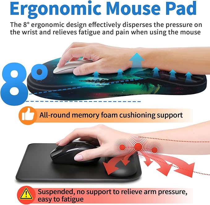 YIWEI Ergonomic Mouse Pad with Wrist Rest for Carpal Tunnel Pain Relief | Memory Foam Wrist Support,Non-Slip Rubber Base, Keyboard Computer Mousepad,Lycra Cloth Surface,Gaming and Home Office
