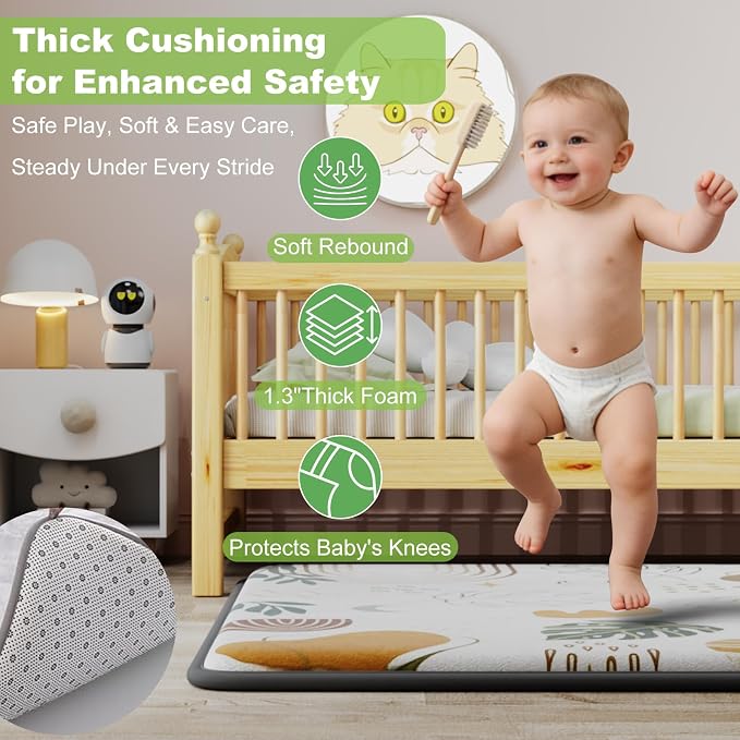 1.3" Thick Baby Play Mat for Floor, Elasti-Foam 71x59 Playpen Mat, Water Repellent Ultra Soft Coral Velvet Tummy Time Crawling Mats for Kid Toddlers Infants, Non-Slip Backing Safe for Earth Tones