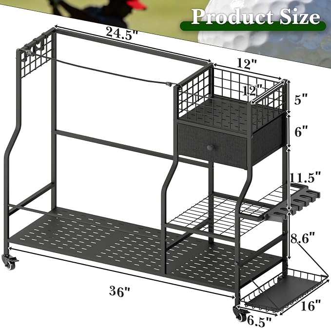 Faesun Golf Bag Organizer for Garage, Golf Bag Storage Rack with 6 Club Slots, Golf Club Organizer with Fabric Drawer & Wheels, Golf Storage Organizer Holds 2 Bags, Golf Rack Storage System