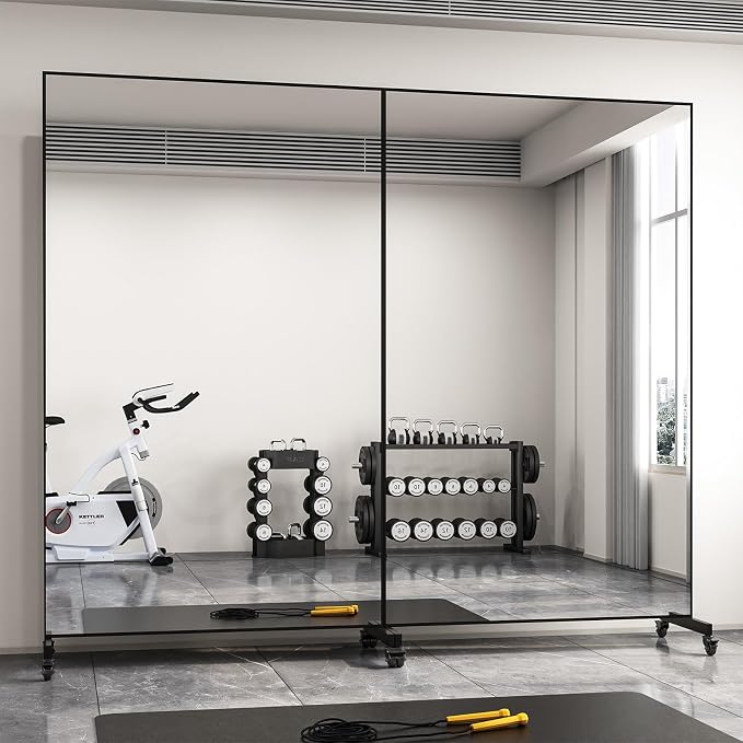 Home Gym Rolling Mirror 72"x40" – Extra Large Full Length Mirror with Wheels, Mobile Tempered Glass Floor Mirror, 360° Swivel, for Workout, Garage, Dance Studio, Yoga, Bedroom, Black