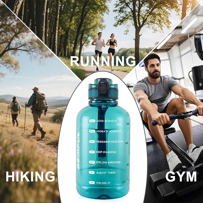 GEMFUL 64oz Motivational Water Bottle 2 Liter Sports Jug for Gym (Cyan) | BPA-Free, 64oz Capacity, Time Marker Tracks Daily Intake, Chug Lid, for Gym, Fitness, Hiking, Sport, Camping, Office, Travel