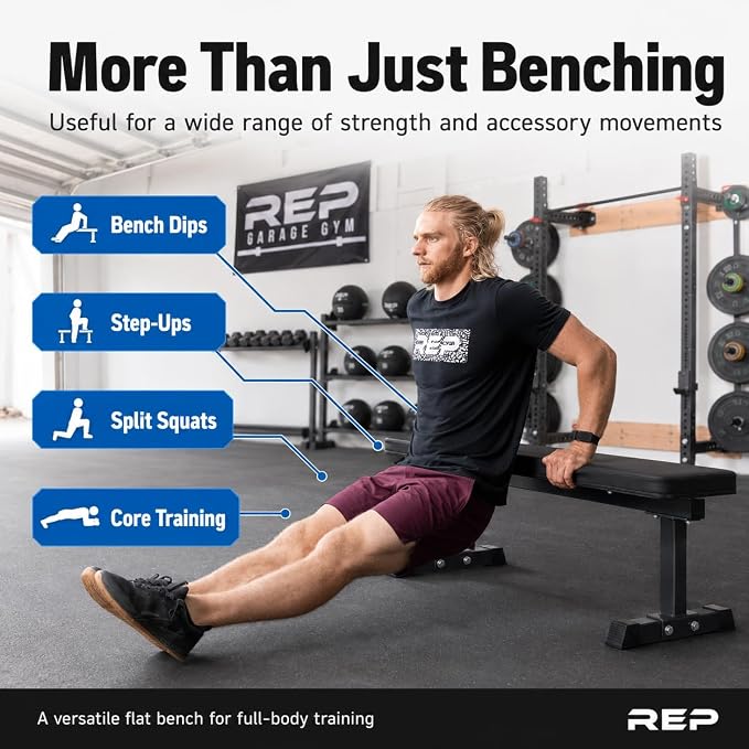 REP Fitness Flat Weight Bench, Heavy Duty Workout Bench For Home Gym, Folding Fitness Equipment For Strength Training, Adjustable Utility Platform For Dumbbells, Barbell, Lifting And Core Exercises