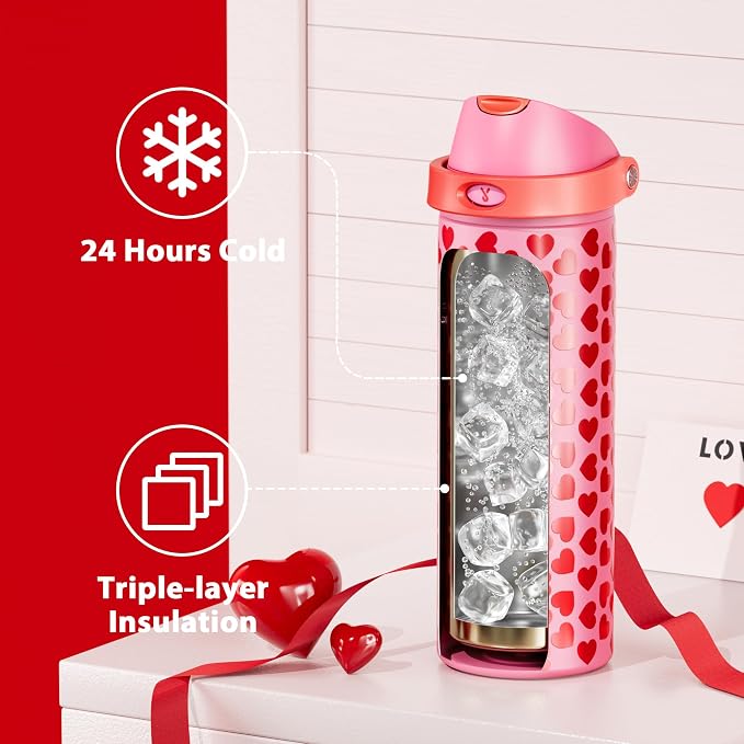 24 oz Valentine's Day Water Bottle: Meoky Stainless Steel Heart Water Bottle with 2-in-1 Straw and Spout Lid - Leak Proof, Fits in Car Cup Holder, Valentines Day for Her Women Wife Girls, Lovie