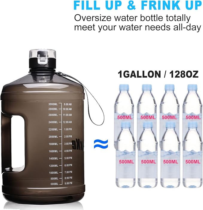 SLUXKE Gallon Big Water Bottle with Handle, 128oz Leakproof BPA Free Fitness Sports Water Bottle with Motivational Time Marker & Wide Mouth Ensure You Drink More Water
