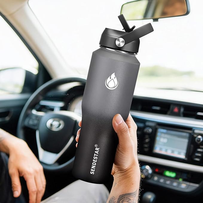 SENDESTAR Water Bottle 32oz,2 Lids(Straw lid),Wide Mouth Stainless Steel Vacuum Insulated Double Wall Keep Liquids Cold or Hot All Day,Sweat Proof Sport Design,Fit Car Cup Holder(Gray&Black)