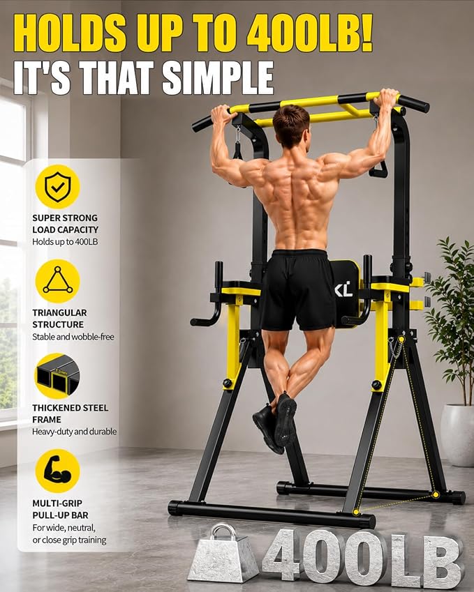 Foldable Pull Up Bar Free Standing, Multi-function Power Tower Dip Bar | Upgraded - Free Standing Pull Up Bar Station, Assistance Bands Home Gym Strength Training Equipment
