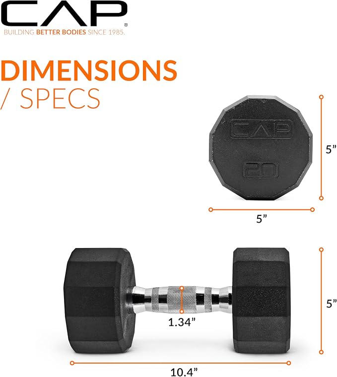 CAP Rubber Coated Dumbbell Weights, Free Weights for Home Gym Strength Training, Anti-Roll Hex Dumbbells with Black, Chrome & Comfort Grip Handles, Singles