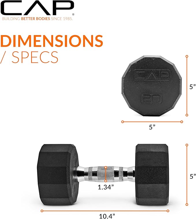 CAP Rubber Coated Dumbbell Weights, Free Weights for Home Gym Strength Training, Anti-Roll Hex Dumbbells with Black, Chrome & Comfort Grip Handles, Pairs & Sets