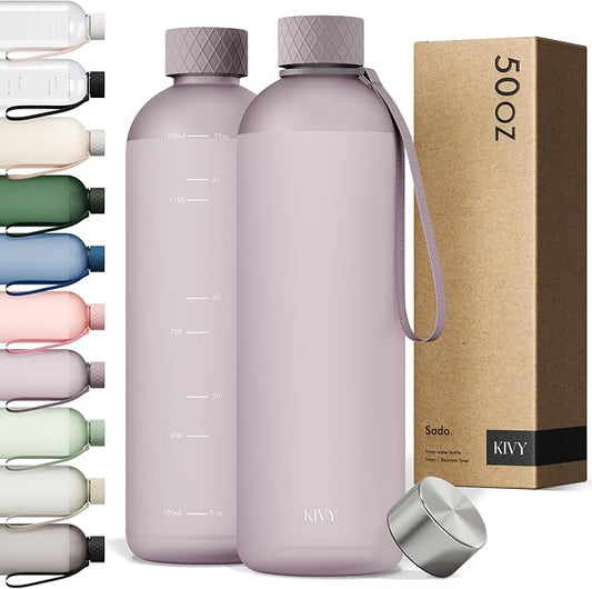 KIVY Large Water Bottle 50oz [Lightweight & Shatterproof] Fits Backpack & Cupholder for Travel, Sports, School - Extra large water bottle no straw - 1.5 Liter water bottles - 50oz Water bottle Taupe