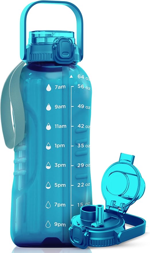 AQUAFIT 64 oz Water Bottle with Handle, 2in1 Lid | BPA Free Half Gallon Water Bottle with 2in1 Straw and Chug Lid - Leakproof Gym Water Bottle with Time Marker (Aqua)