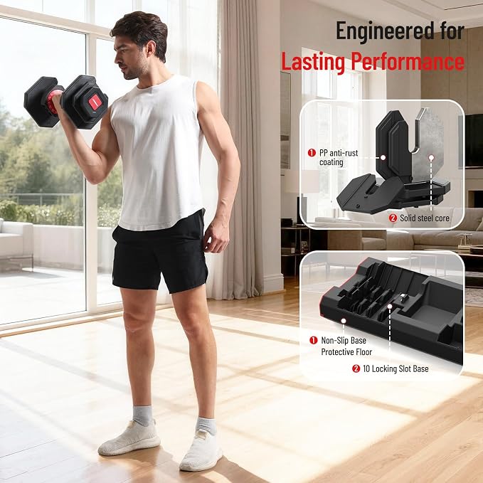 HXD-ERGO 15 in 1 Adjustable Dumbbell Weight, 1-Second Quick Change Weights, 55/110 LBS Free Weights with Anti-Slip Grip & Secure Lock, Space-Saving Home Gym Equipment for Men Women Full Body Workout
