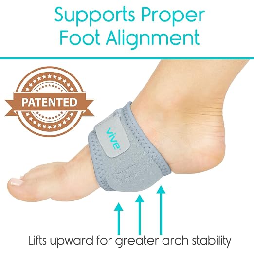 Vive Foot Arch Support Brace (Pair) - Wrap Corrector for Flat Feet, Plantar | Fasciitis, Pain Relief, Fallen Arches - Compression Sleeve Strap, Gel Bands Inserts for Women & Men, Wear Under Socks (Gray)