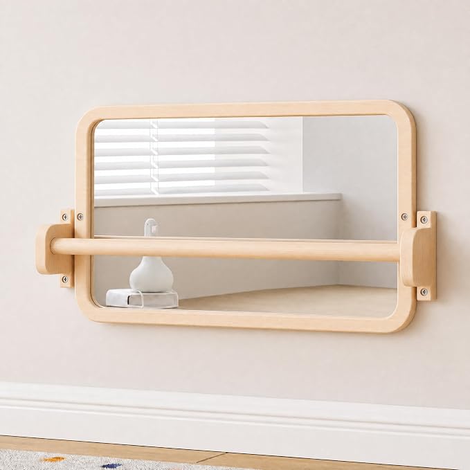 Woodtoe Montessori Mirror with Bar, Tummy Time Floor Mirror Toys for Baby | Baby Pull to Stand Toys, Natural Unpainted Solid Wood Frame, Baby Pull Up Bar, Developmental Toys for Nursery (Small Size)