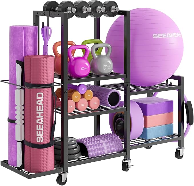 6Tier Rolling Home Gym Storage, Multi-Purpose Dumbbell Weight Rack | 6-Tier Rolling Cart Stores Dumbbells, Yoga Mats and Workout Gear; Wheels Make Home Gym Organization Clean, Tidy and Mobile