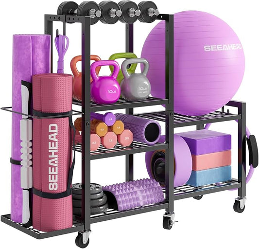 6Tier Rolling Home Gym Storage, Multi-Purpose Dumbbell Weight Rack | 6-Tier Rolling Cart Stores Dumbbells, Yoga Mats and Workout Gear; Wheels Make Home Gym Organization Clean, Tidy and Mobile