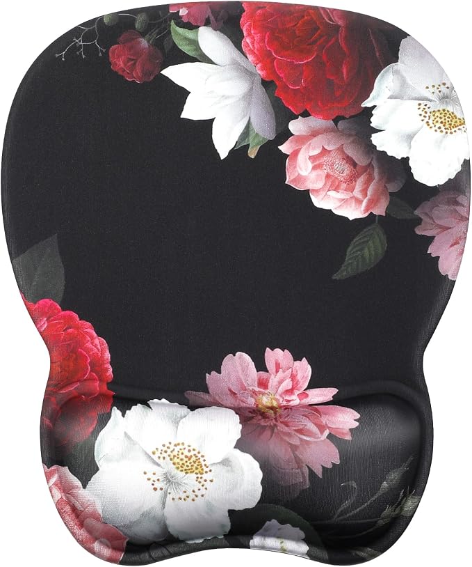MROCO Ergonomic Mouse Pad with Gel Wrist Rest, 9.4 x 8.1 in, Black Flower | Ergonomic Shape Design, Multiple Pattern Options, Gel Wrist Comfort, Smooth Lycra Surface, Non-Slip PU Base