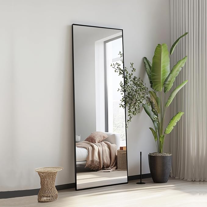 Full Length Mirror 56x16 inch, Black Full Body Mirror, Metal Frame | Matte Black Metal Frame, No Distortion Mirror, Rust-proof, Standing Mirrors for Bedroom, Livingroom, Cloakroom, Hallway