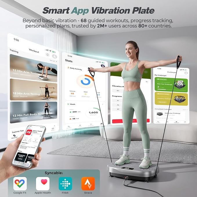 Vibration Plate Exercise Machine with Smart APP, 199 Levels Whole Body Vibrating Platform with 68 Video Courses, Lymphatic Drainage Weight Loss Shaker Plate, with Bluetooth, Remote, 5 Resistance Bands