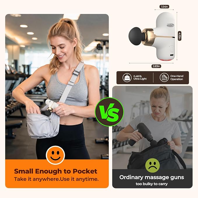 Super Mini Massage Gun with Heat & Red Light, 0.48 lb Travel Massage Gun | Palm-Sized Deep Tissues Percussion Muscle Massager 4 Heads 4 Speeds Compact Ultra-Quiet Type-C Charging for Home Office White