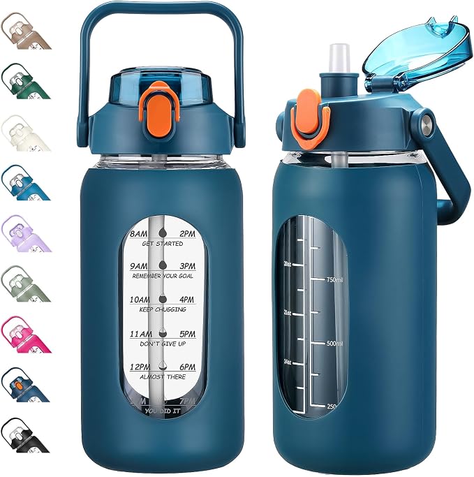42oz Glass Water Bottles with Straw, Motivational Glass Bottle with Silicone Sleeve and Time Marker, Leakproof Large Glass Water Jug for Gym Home Office,Blue