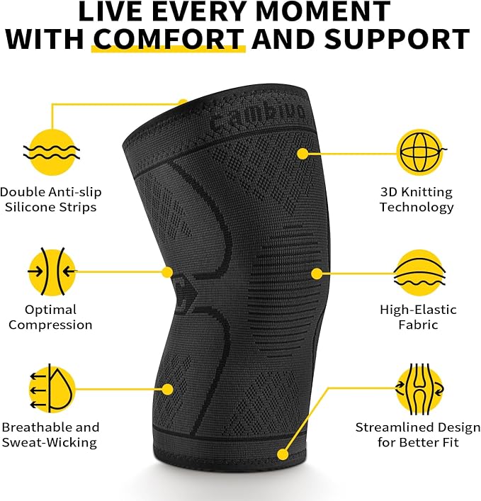 CAMBIVO 2 Pack Knee Brace, Knee Compression Sleeve for Men and Women, Knee Support for Running, Workout, Gym, Hiking, Sports (Black,Large)