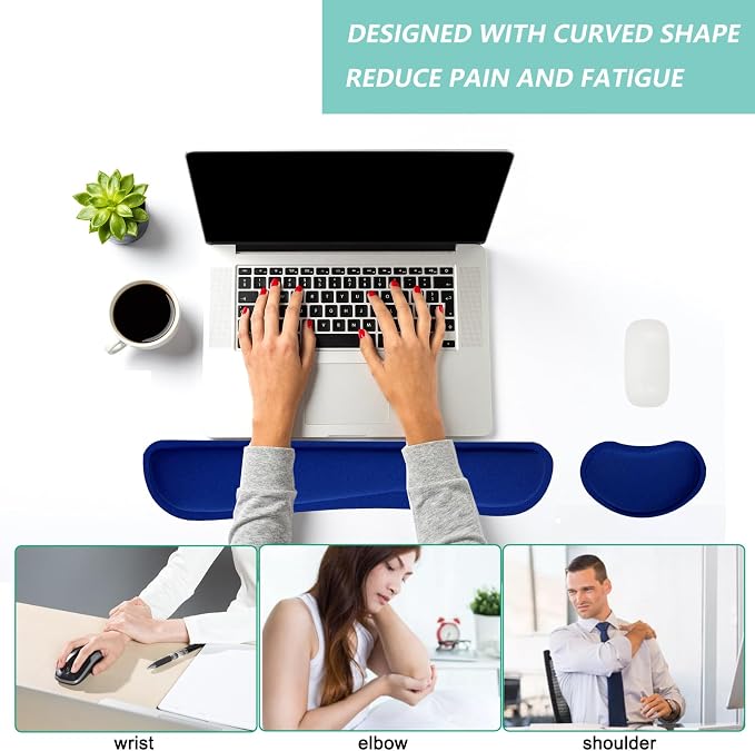 Keyboard Wrist Rest Mouse Wrist Support Set, Memory Foam Wrist Rest Pad for Computer Laptop Keyboard Mouse, Ergonomic Wrist Cushion Support for Typing Pain Relief, Gaming Home Office, Blue