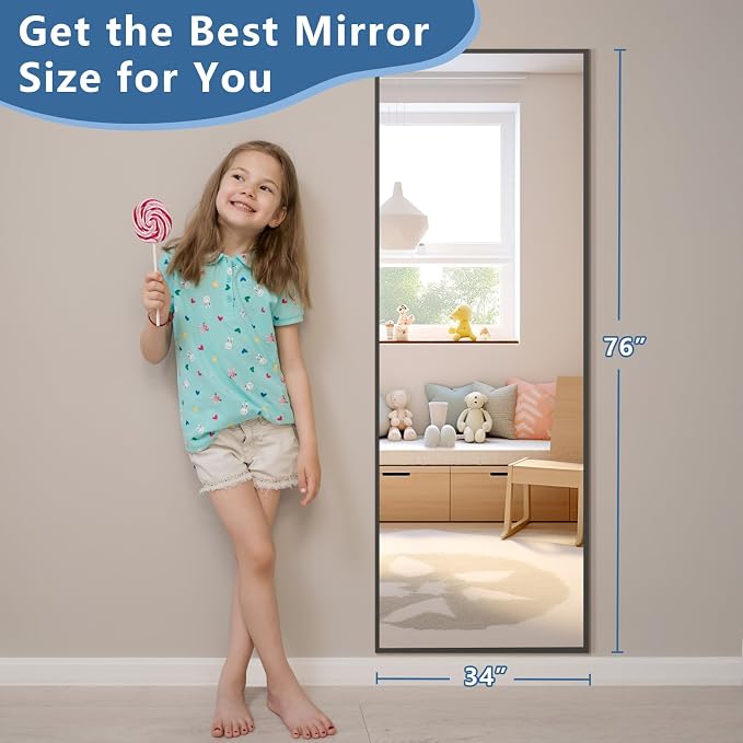 56"x18" Full Length Mirror, Black Floor Mirror with Stand | Rectangular, Hanging or Leaning Against Wall, Aluminum Alloy Frame, Tempered Glass, for Bedroom Living Room Dorm