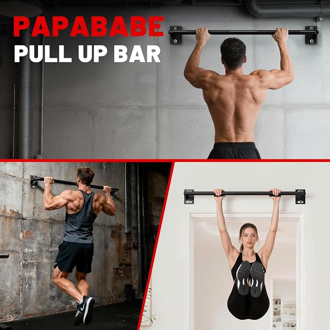 Wall Mounted Pull Up Bar, Chin Up Bar for Home Gym Strength Training | PAPABABE Sturdy Anti-Slip, Knurled Grip, Quick Install, Multi-Grip Versatile, Wall-Mounted Space-Saver 500 Weight Capacity
