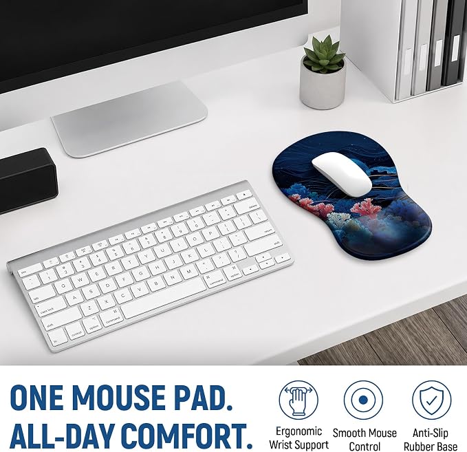 Ergonomic Mouse Pad with Wrist Rest, Gel Wrist Support, Coral Dream | 10.2 x 7.6 in Mouse Pad with Smooth Fabric Surface and Non-Slip Rubber Base for Office, Home, Study, and Gaming