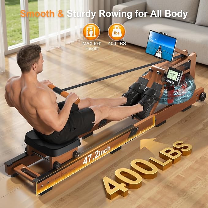 Rowing Machines for Home,Water Rowing Machine with Upright Design,400LBS Capacity,LCD Monitor,Smooth Glide Rails,Comfortable Seat,Free App(Bluetooth) Supported for Immersive Water Rower&Home Gym