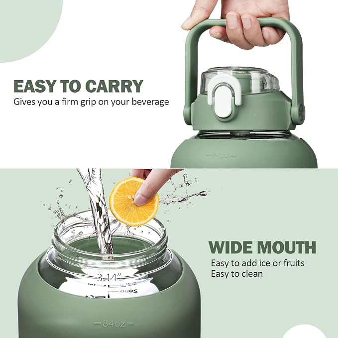 84oz Glass Water Bottle with Straw, 2.5 Liter Large Water Bottle with Silicone Sleeve and OZ Marker, Wide Mouth Gallon Glass Bottle with 2-in-1 Lid, Leakproof Water Jug for Gym Home, Olive