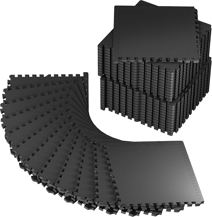 PRAISUN 0.56" Rubber Top Gym Flooring, Heavy Duty Interlocking Gym Mats for Home Gym, Non-Slip Workout Mat, 24 x 24in Large Gym Floor Mat, Protect Floors from Equipment, 144 Sq Ft, Pure Black