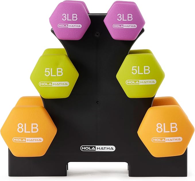 HolaHatha 1, 2 and 3 lb Neoprene Dumbbell Strength Training Weight Set with Rack