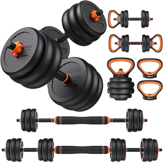 FEIERDUN DS2 Adjustable Dumbbells, 20/30/40/45/70/90lbs Free Weight Set with Connector, 5 in1 Dumbbells Set Used as Barbell, Kettlebells, Push up Stand, Weight Plate, Fitness Exercises for Home Gym Suitable Men/Women