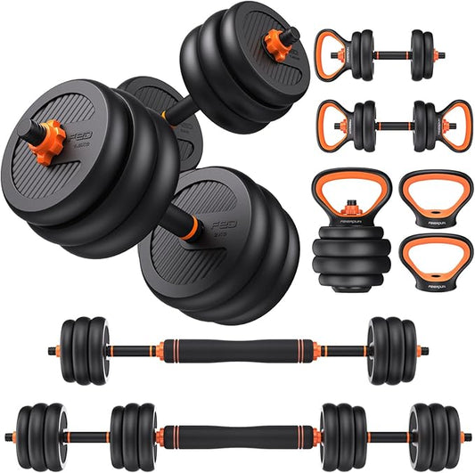 FEIERDUN DS2 Adjustable Dumbbells, 20/30/40/45/70/90lbs Free Weight Set with Connector, 5 in1 Dumbbells Set Used as Barbell, Kettlebells, Push up Stand, Weight Plate, Fitness Exercises for Home Gym Suitable Men/Women