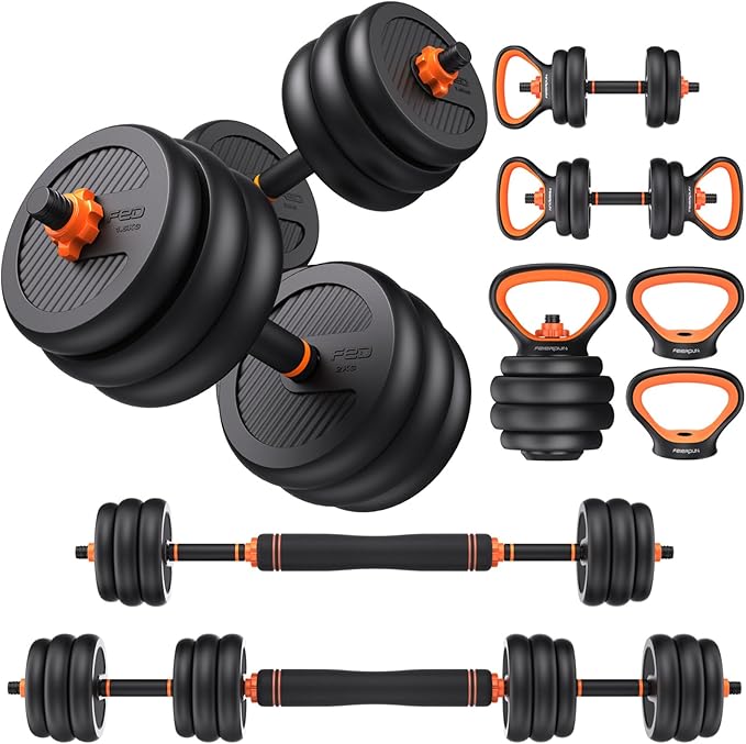 FEIERDUN DS2 Adjustable Dumbbells, 20/30/40/45/70/90lbs Free Weight Set with Connector, 5 in1 Dumbbells Set Used as Barbell, Kettlebells, Push up Stand, Weight Plate, Fitness Exercises for Home Gym Suitable Men/Women