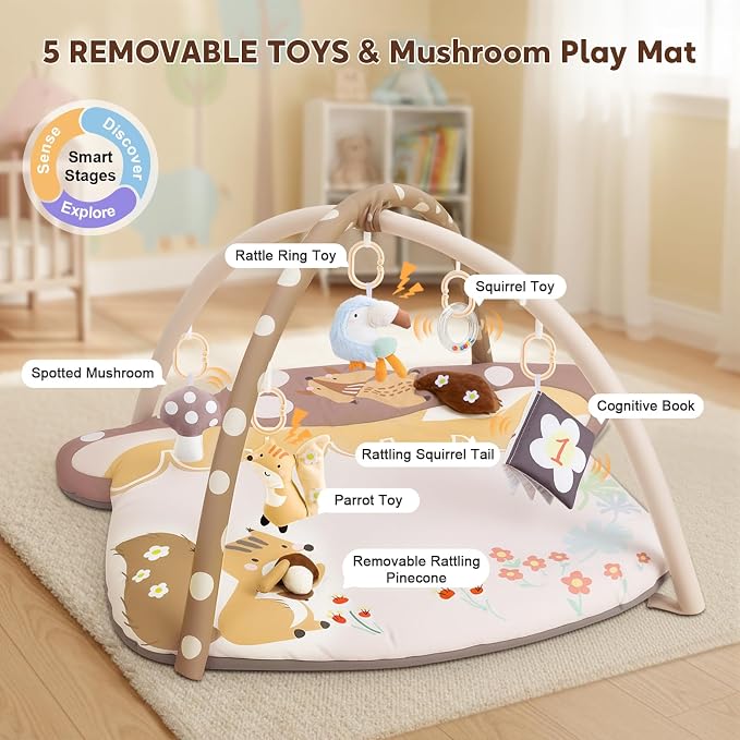 3-in-1 Baby Play Mat & Baby Seats for Infants for Sitting Up, Tummy Time Gym Activity Mat with 5 Detachable Toys, for Babies 0-6-12-18 Months, Newborn Babies Shower Gifts(Khaki)
