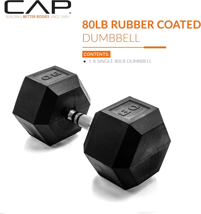 CAP Rubber Coated Dumbbell Weights, Free Weights for Home Gym Strength Training, Anti-Roll Hex Dumbbells with Black, Chrome & Comfort Grip Handles, Singles