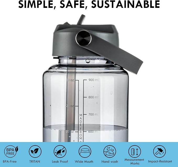 OLDLEY 32oz Water Bottle with Straw,Leakproof Tritan Clear Bottle with Marked Bottle and Carry Handle, BPA-Free Wide Mouth Reusable Sports Water Bottle for Gym,Hiking, Camping,Travel, Workout,Grey