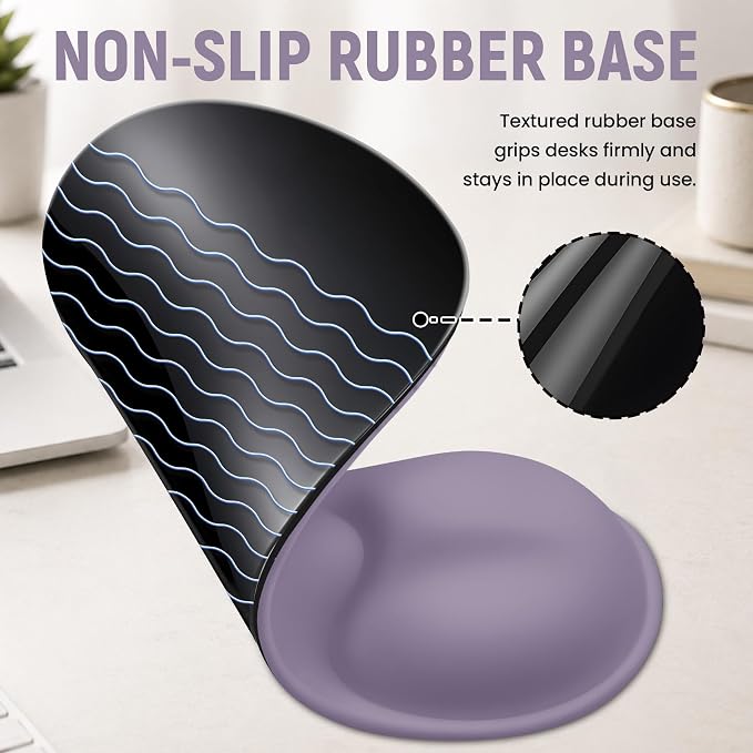 Ergonomic Mouse Pad with Wrist Rest, Gel Wrist Support, Lavender | 10.2 x 7.6 in Mouse Pad with Smooth Fabric Surface and Non-Slip Rubber Base for Office, Home, Study, and Gaming