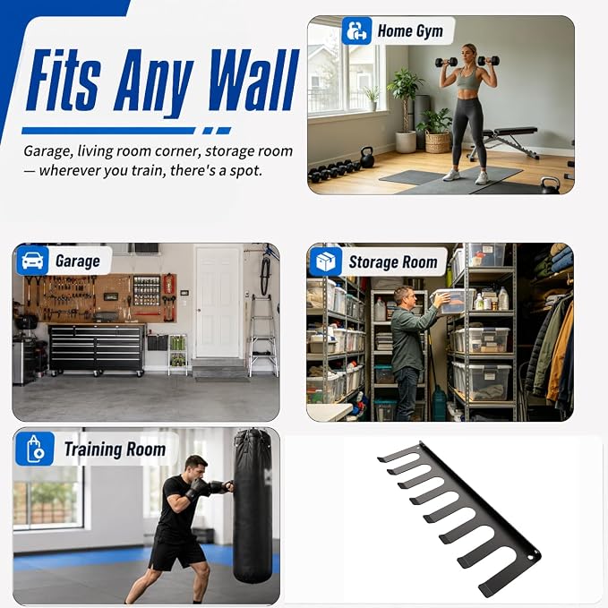 Gym Home Rack 8 Hook Heavy-Duty Wall-mounted Organizer Multi-Purpose Workout Gear Wall Hanger Storage for Resistance Bands Jump Ropes Lifting Belt Fitness Bands Barbells Carabiners Included