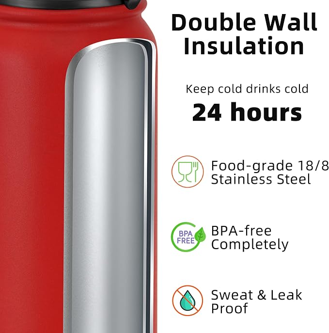 Fanhaw 32 oz Insulated Stainless Steel Water Bottle with Anti-Dust Chug Lid, Leakproof Vacuum Sports Bottle for Kids, Teens & Adults, Back to School Essentials (Red)