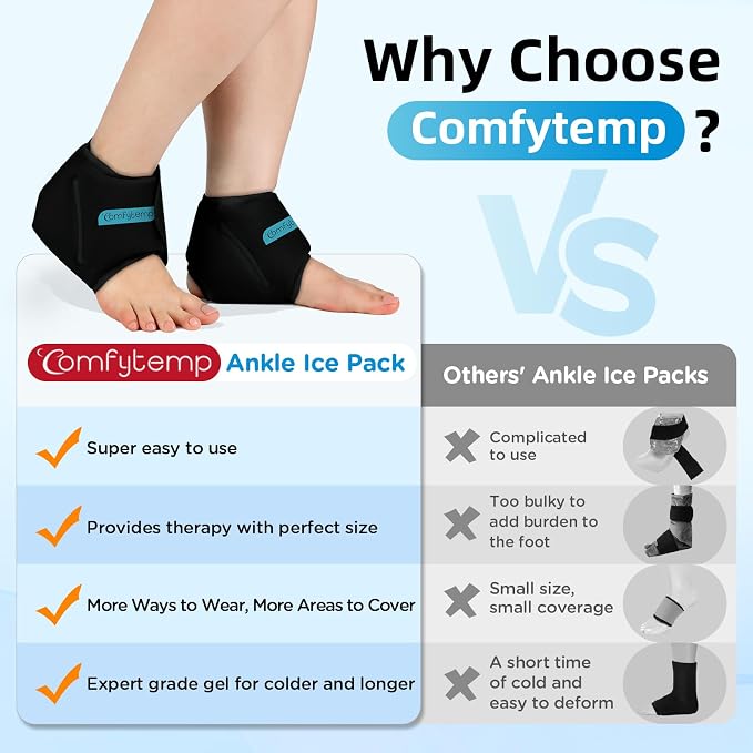 Comfytemp Ankle Ice Pack Wrap for Sprained Ankles, Plantar Fasciitis, 2pcs | FSA Eligible HSA, Foot Pain Relief, Reusable Gel Ice Hot Cold Compress Brace for Achilles Tendonitis, Injury, Swelling, Black