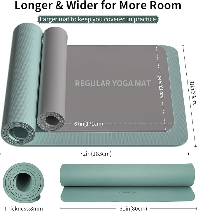 Extra Wide & Thick 8mm Yoga Mat, 72"x31.5" | Large Non Slip Exercise Mat, Premium POE Material, Superior Cushioning & Stability, With Strap for Home Gym, Pilates
