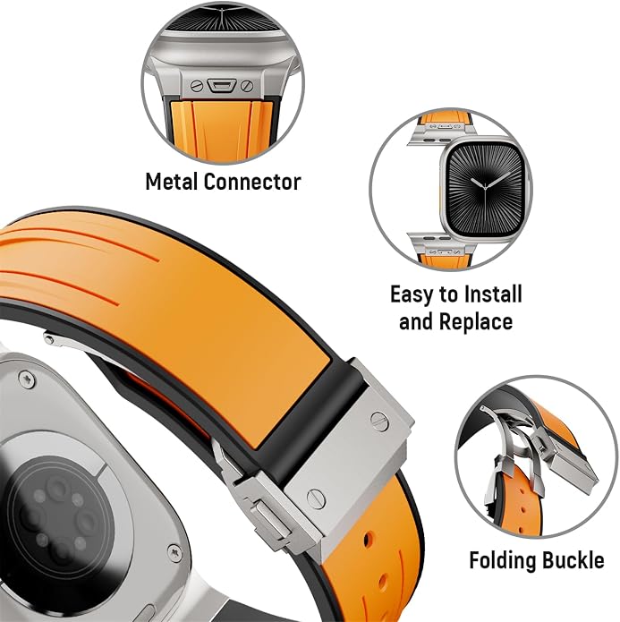 Luxury Watch Band for Apple Watch Ultra 2/Ultra 49-42mm | Metal Connector & Folding Clasp,316L Stainless Steel,Men Silicone Strap Compatible with iWatch Series 10 9 8 7 6 5 4 3 2 1 SE