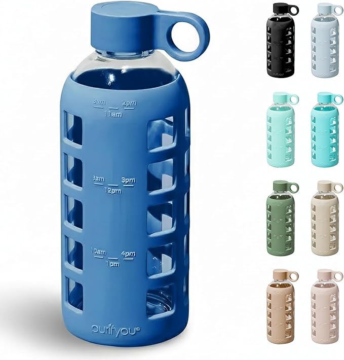 purifyou 40oz / 32oz / 22oz / 12oz Borosilicate Glass Water Bottle with Time & Volume Markers, Silicone Sleeve, Stainless Steel Lid | Reusable Glass Bottle for Water & Juice (22oz Chinese Porcelain)