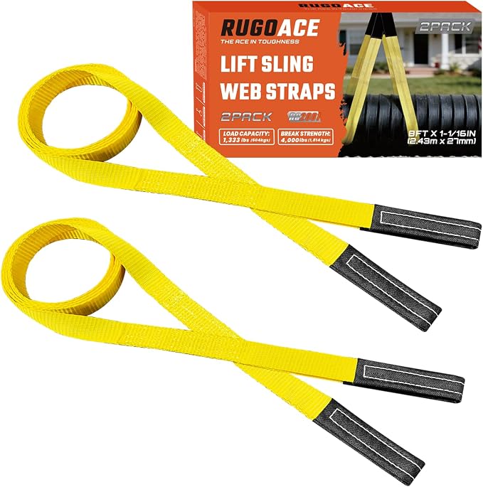 Polyester Lift Sling Web Straps 1 in x 8 ft 4000 lbs WLL 2-Pack, RUGOACE | Reinforced wear guard loop ends for hoist rigging machinery tree saver furniture lifting. 1333 lbs working load limit