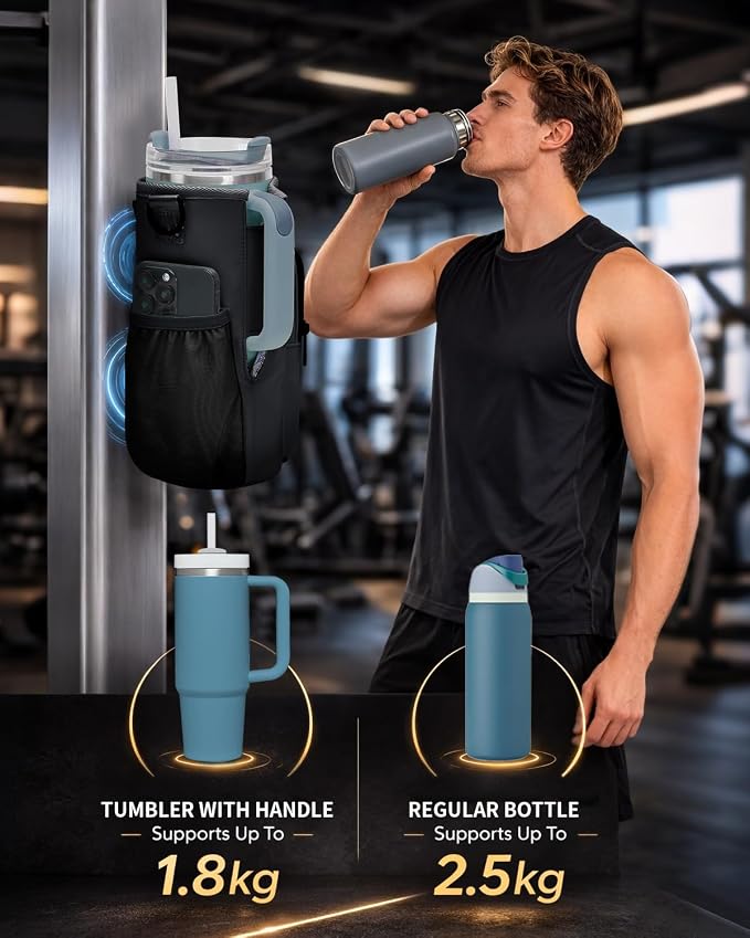 sportsnew 30/40oz Crossbody Water Bottle Holder Anti-Tip Tumbler Carrier | Lightweight Bottle Sling Fits Handled Tumbler w/ Phone Pocket, Adjustable Strap, Insulated Lining, Hands-free for Hiking Gym